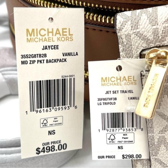 Michael Kors Jaycee Medium Zip Packet Backpack & Large Trifold Wallet Vanilla - Picture 13 of 13